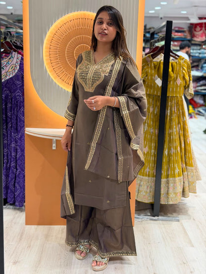 SHAGUN FASHION Premium Designer Handwork Chanderi Silk Kurti, Flared Palazzo & Matching Dupatta Set