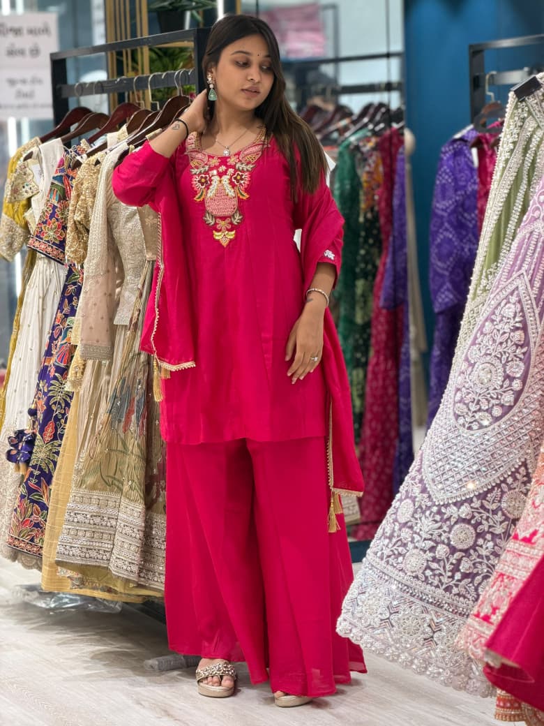 SHAGUN FASHION Premium Embroidered Short Kurti with Flared Sharara Palazzo & Dupatta 3-Piece Set