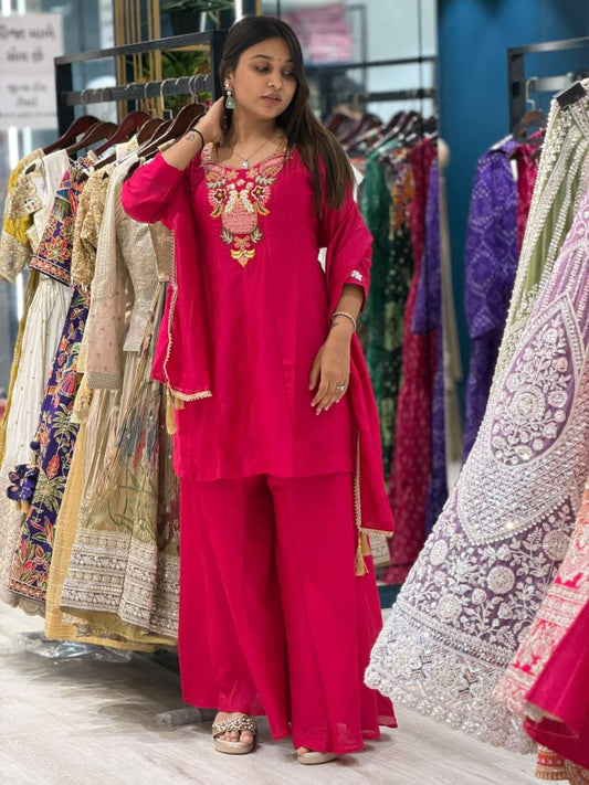 SHAGUN FASHION Premium Embroidered Short Kurti with Flared Sharara Palazzo & Dupatta 3-Piece Set