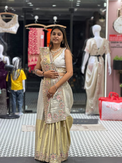 SHAGUN FASHION - Elegant Dual Tone Metallic Chanderi Tissue Saree with Handcrafted Peacock Border