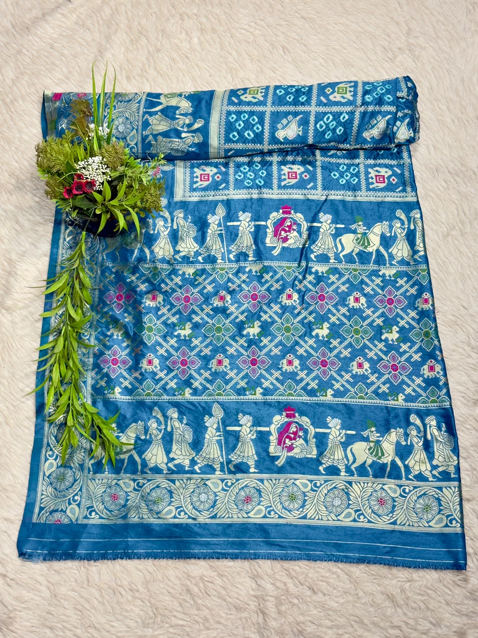 Royal Blue Banarasi Silk Saree with Traditional Baarat & Patola Motifs