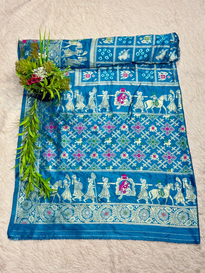 Royal Blue Banarasi Silk Saree with Traditional Baarat & Patola Motifs
