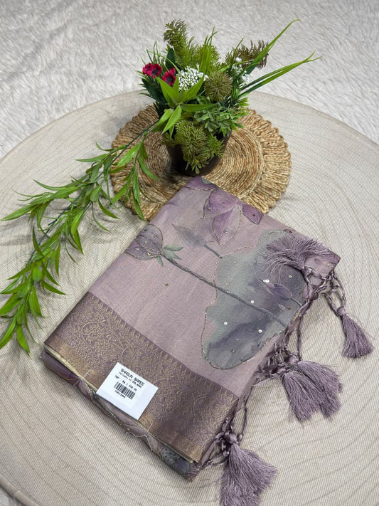SHAGUN FASHION – Elegant Watercolor Floral Organza Silk Saree with Handwork & Golden Zari Border
