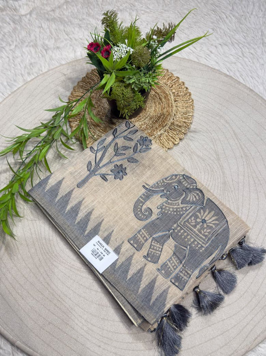 SHAGUN FASHION Exclusive Natural Linen Cotton Elephant Print Saree with Mirror Handwork & Tassels