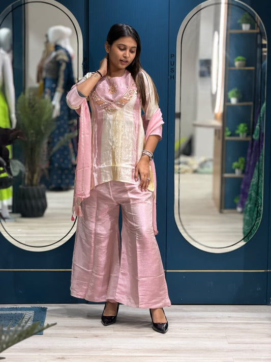 SHAGUN FASHION – Designer Shimmer Tissue Silk Striped Kurti, Flared Palazzo & Dupatta Set