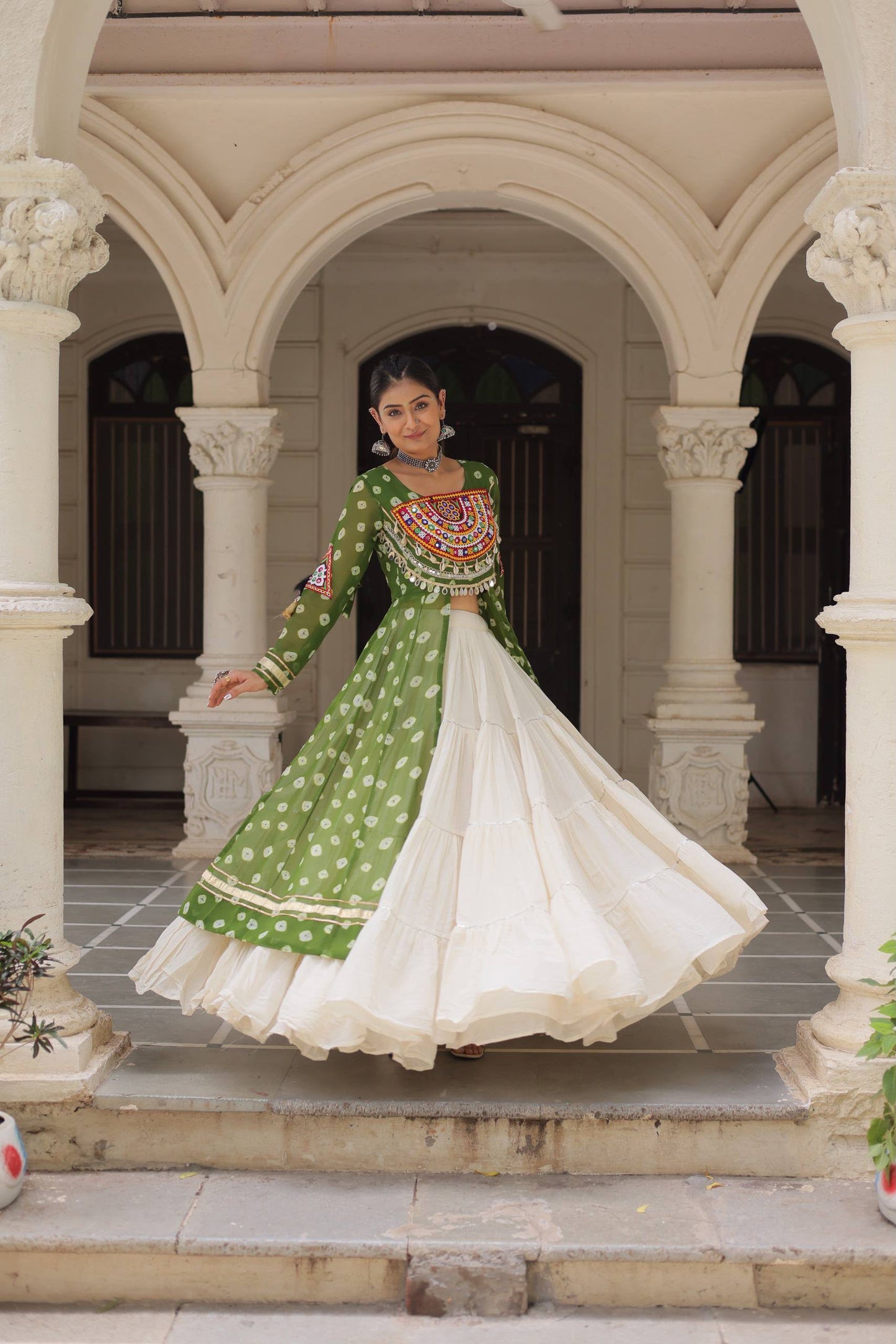 SHAGUN FASHION Exclusive Navratri Special Bandhani Shrug & Tiered Lehenga Set