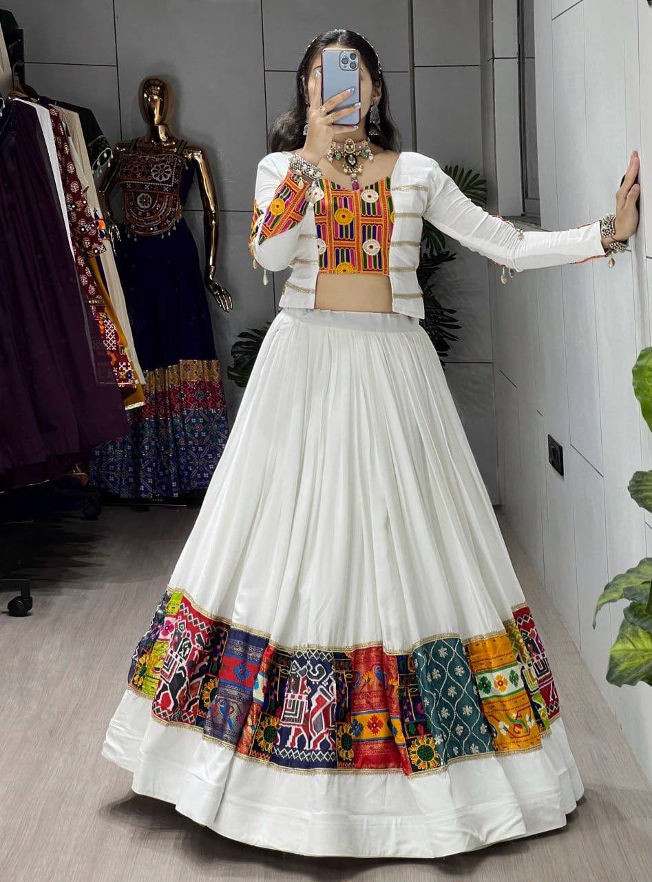 SHAGUN FASHION White Navratri Special Kutchi Work Chaniya Choli with Jacket SetV