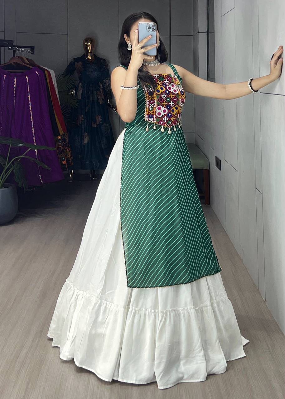 SHAGUN FASHION Traditional Gujarati Kutchi Embroidered Kurti with White Flared Skirt Set