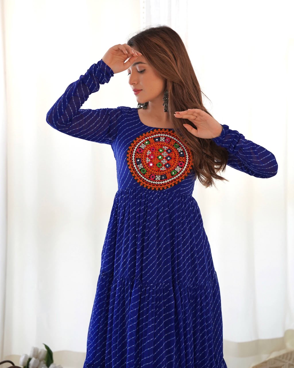 SHAGUN FASHION Exclusive Leheriya Georgette Anarkali Gown with Kutchi Patchwork & Dori Back