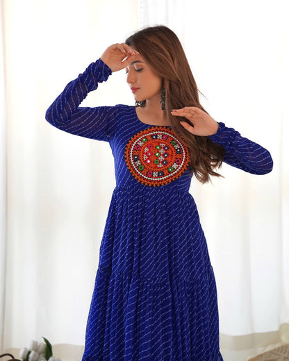 SHAGUN FASHION Exclusive Leheriya Georgette Anarkali Gown with Kutchi Patchwork & Dori Back