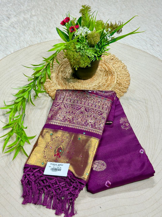 SHAGUN FASHION Exclusive Soft Silk Saree with Traditional Kalamkari Lotus & Elephant Weave Pallu, Mirror Handwork & Rich Golden Zari Border ✨
