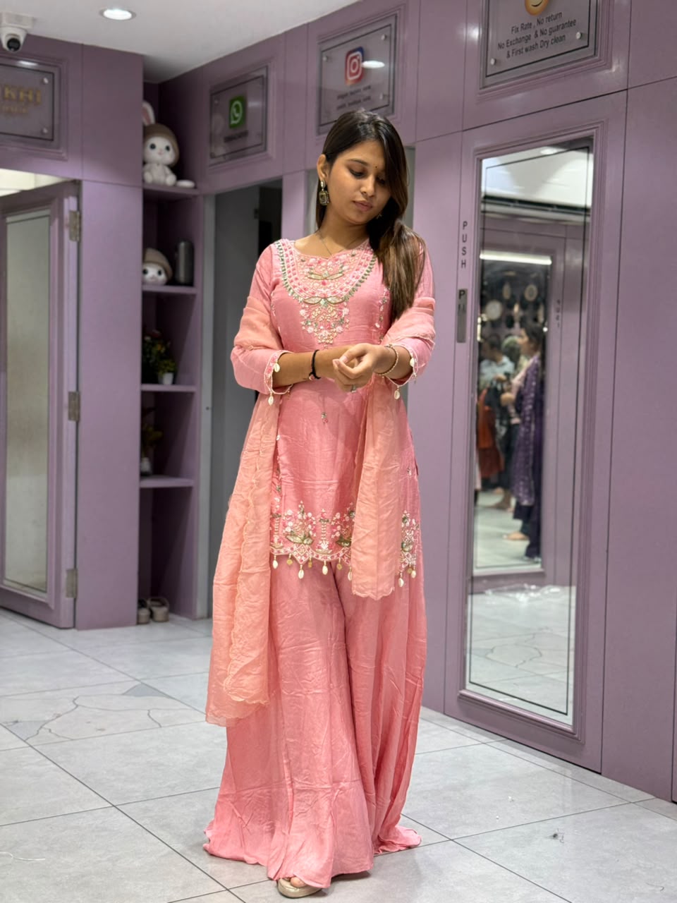 Title: SHAGUN FASHION Elegant Pink Handwork Kurti Sharara Set with Dupatta