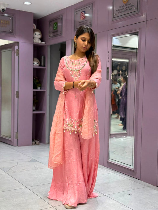 Title: SHAGUN FASHION Elegant Pink Handwork Kurti Sharara Set with Dupatta