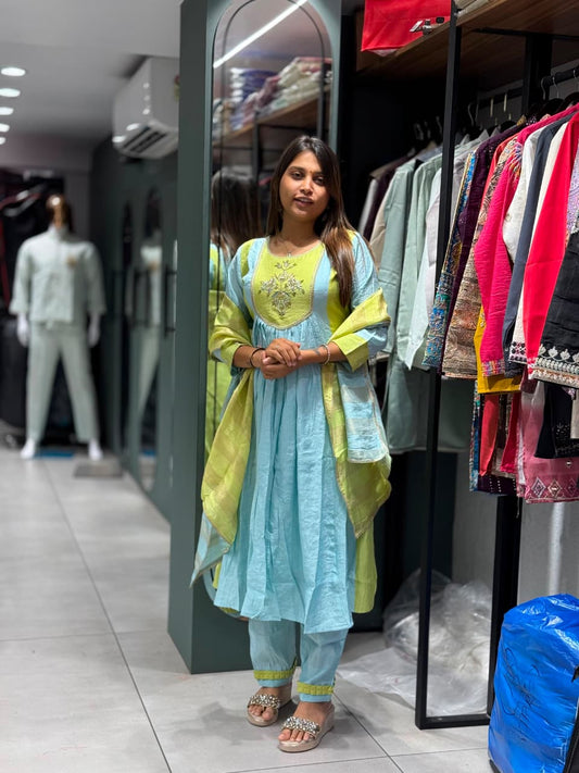 Sky Blue & Lime Green Handwork Anarkali Kurta Set with Dupatta – SHAGUN FASHION Exclusive Collection