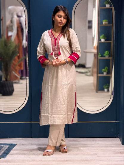 SHAGUN FASHION Premium Beige Cotton Silk Embroidered Kurti & Pant Set