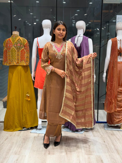 SHAGUN FASHION Premium Designer Handwork Silk Kurti, Pant & Zari Striped Dupatta 3-Piece Set