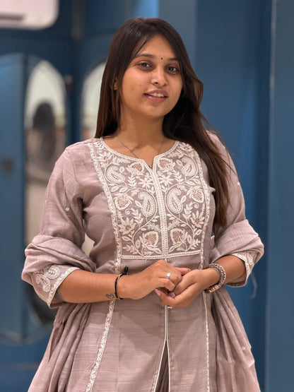 SHAGUN FASHION Designer Front-Slit Chanderi Silk Kurti Set with Delicate Embroidery & Matching Dupatta (Exclusively on zankhi.in)