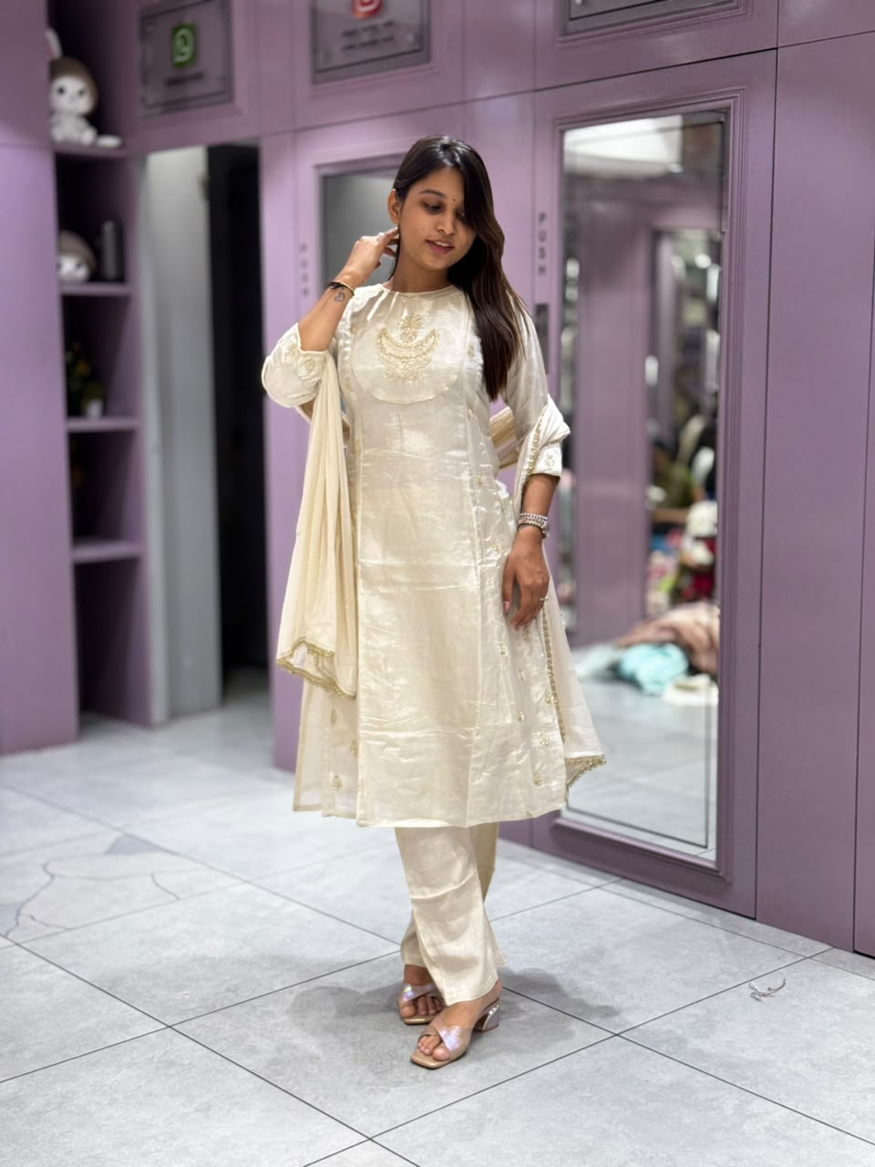 Elegant Off-White Chanderi Silk Kurti Pant Set with Dupatta by SHAGUN FASHION
