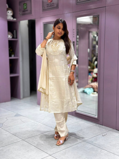 Elegant Off-White Chanderi Silk Kurti Pant Set with Dupatta by SHAGUN FASHION
