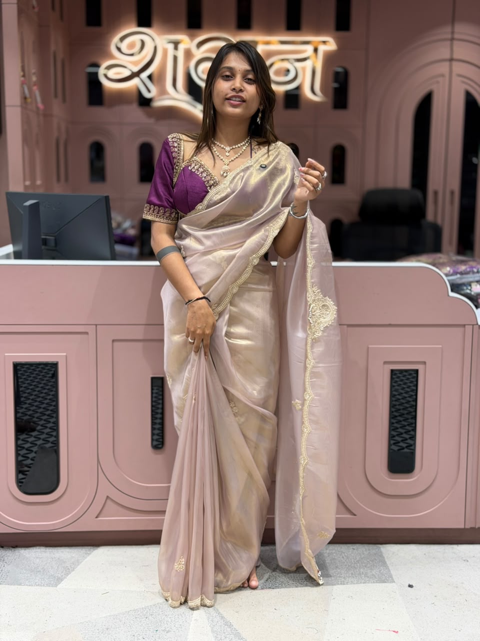 SHAGUN FASHION Premium Shimmer Organza Tissue Silk Saree with Heavy Cutwork Border