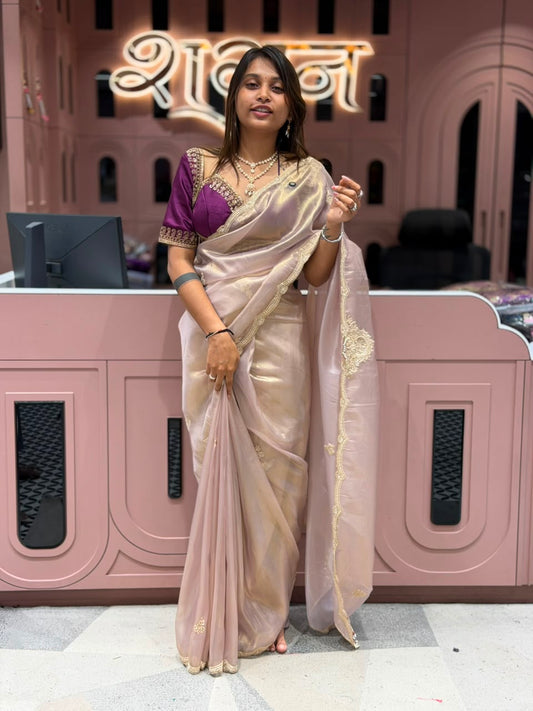 SHAGUN FASHION Premium Shimmer Organza Tissue Silk Saree with Heavy Cutwork Border