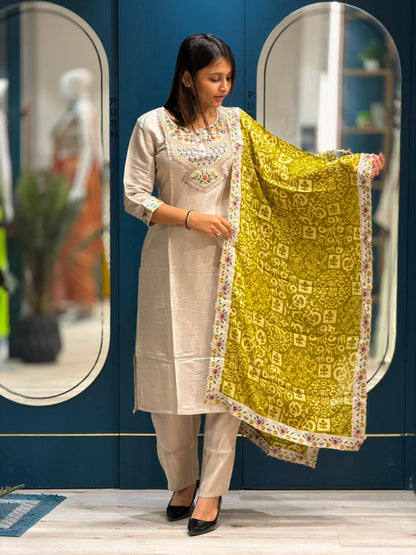 SHAGUN FASHION Elegant Silk Blend Kurti Set with Embroidered Neckline & Printed Dupatta