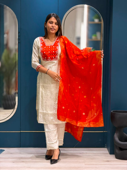 SHAGUN FASHION Premium Off-White Jacquard Silk Kurti Set with Heavily Embroidered Neck & Designer Jacquard Dupatta (Set of 3)