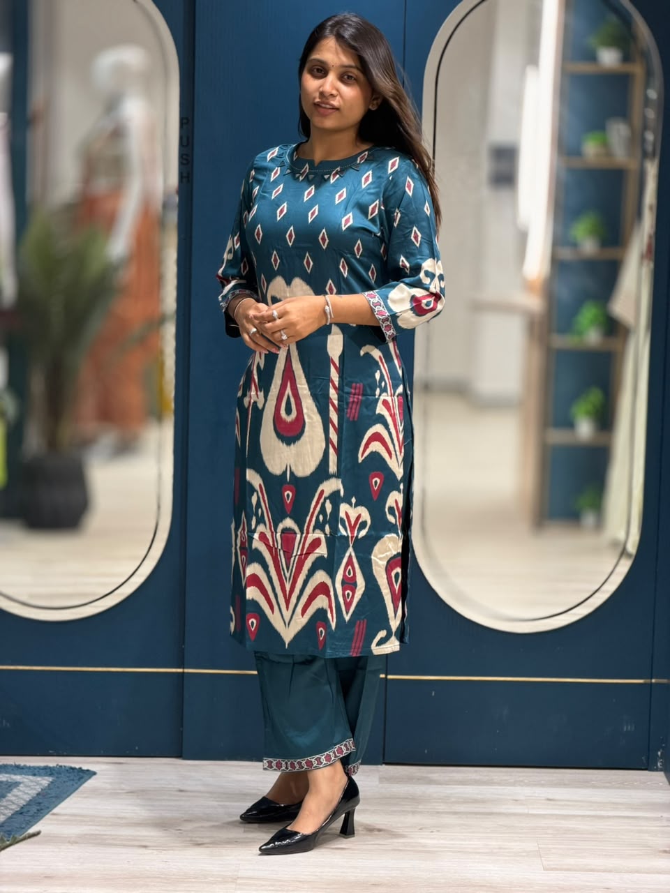 SHAGUN FASHION – Stylish Printed Ikat Pattern Cotton Kurti Pant Set | Exclusively on zankhi.in