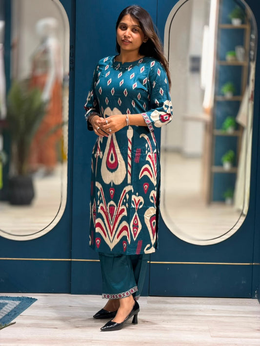 SHAGUN FASHION – Stylish Printed Ikat Pattern Cotton Kurti Pant Set | Exclusively on zankhi.in