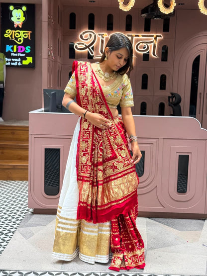 SHAGUN FASHION Exclusive Royal Red Gharchola Bandhani Lehenga Saree Set with Heavy Zari & Elephant Border