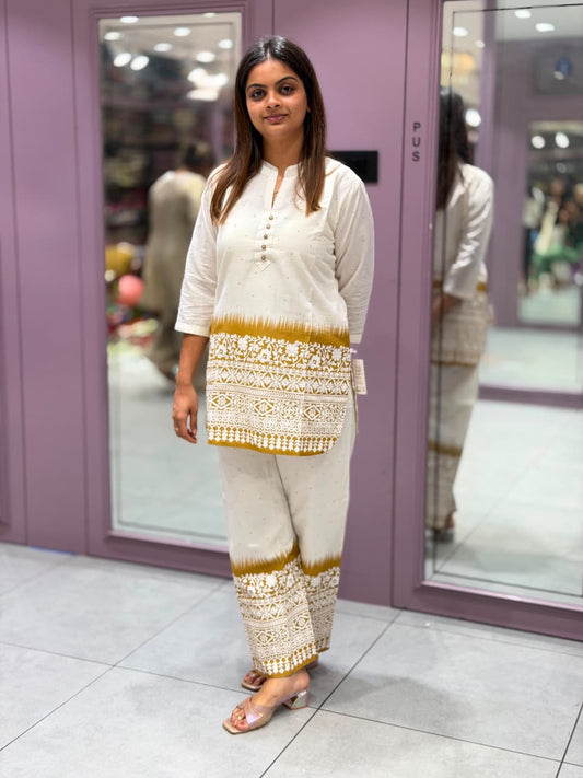 SHAGUN FASHION White Printed & Embroidered Short Kurti with Matching Pant Set