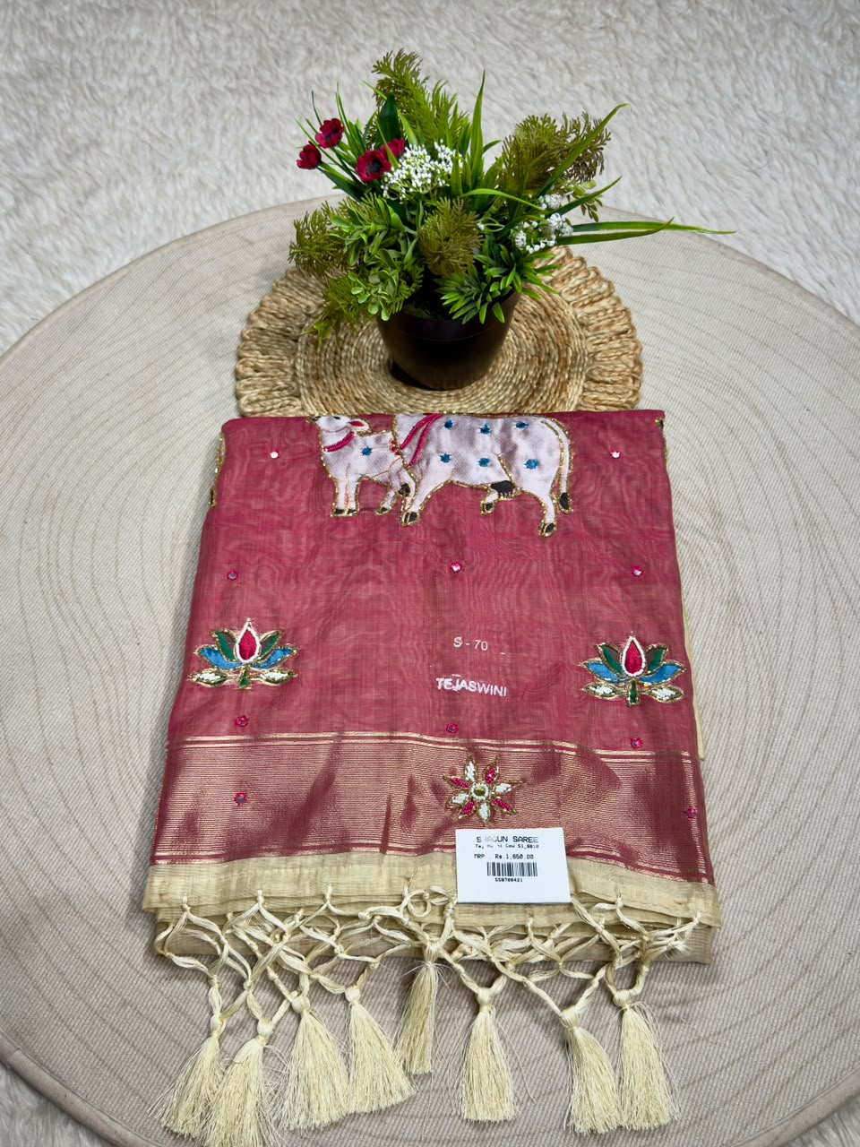 SHAGUN FASHION Premium Tejaswini Organza Saree with Designer Cow (Gau Mata) & Lotus Embroidery Work