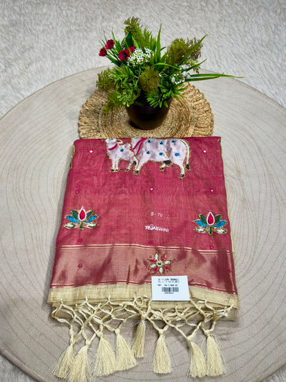SHAGUN FASHION Premium Tejaswini Organza Saree with Designer Cow (Gau Mata) & Lotus Embroidery Work