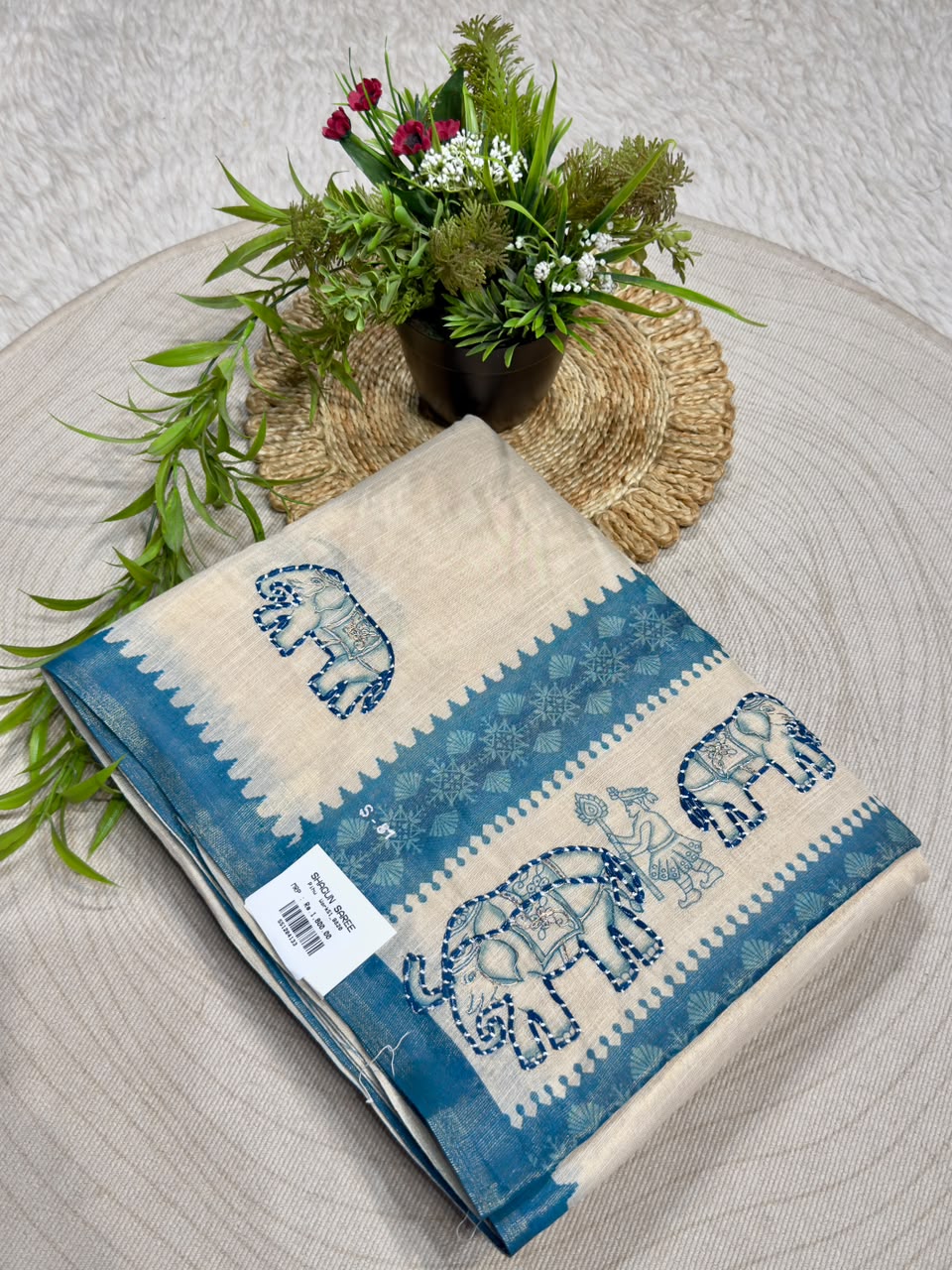 SHAGUN FASHION Exclusive Royal Elephant Kantha Work Linen Silk Saree with Tassels