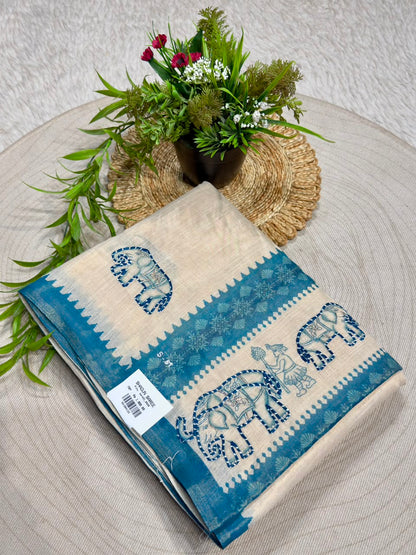 SHAGUN FASHION Exclusive Royal Elephant Kantha Work Linen Silk Saree with Tassels
