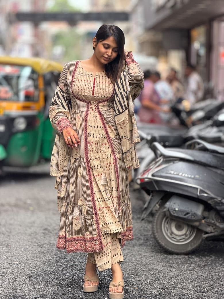 Premium Cotton Printed 3-Piece Kurti Set with Jacket Style Front Dori Tie-Up | SHAGUN FASHION