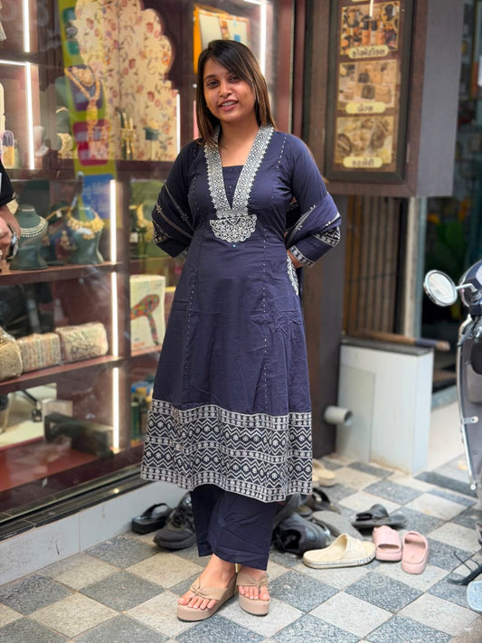 Premium Cotton Heavy Embroidery Work Kurti Pant Dupatta Set | SHAGUN FASHION