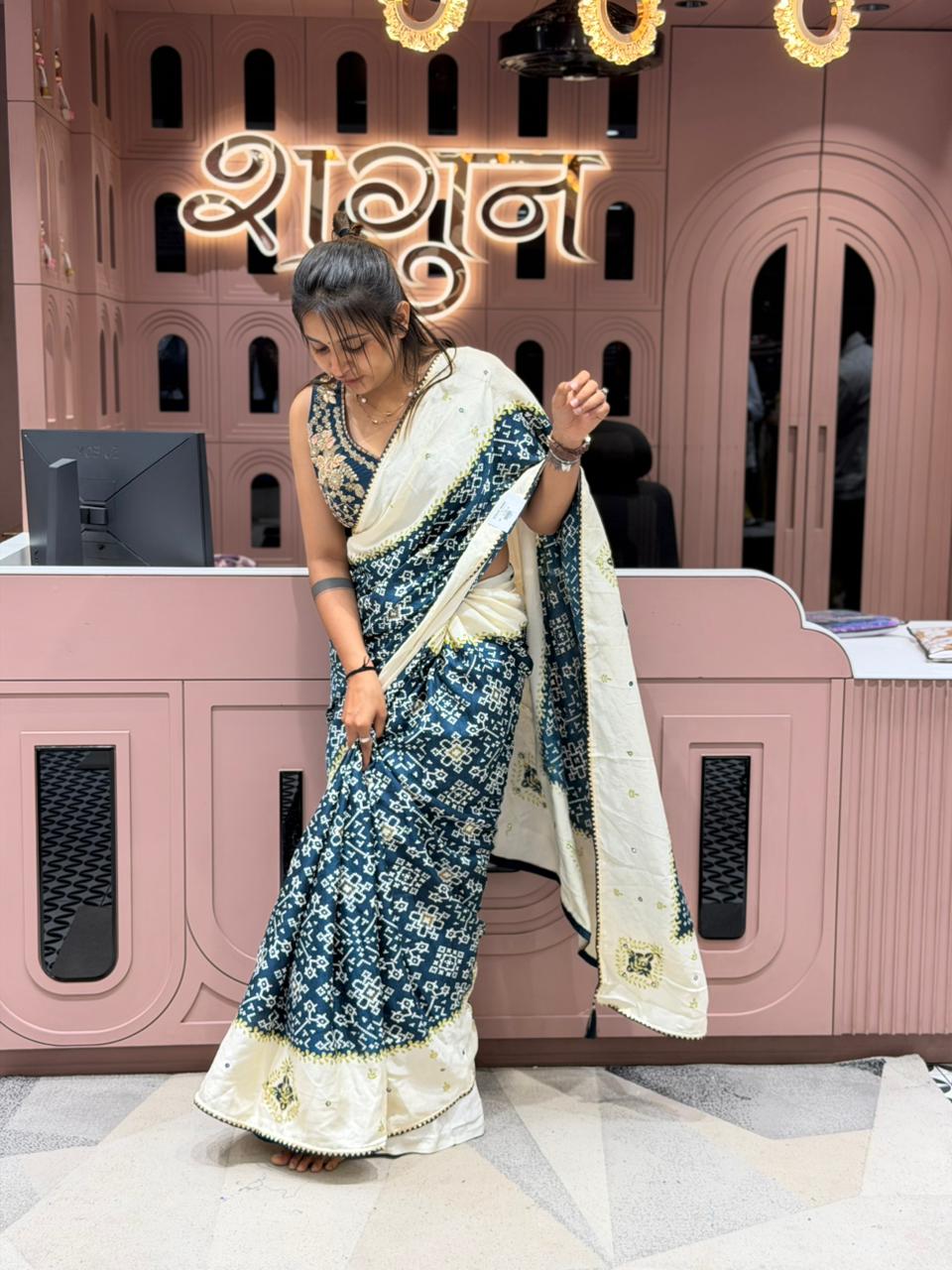 SHAGUN FASHION Premium Bandhani Printed Saree with Designer Embroidered Blouse & Contrast Dupatta Collection