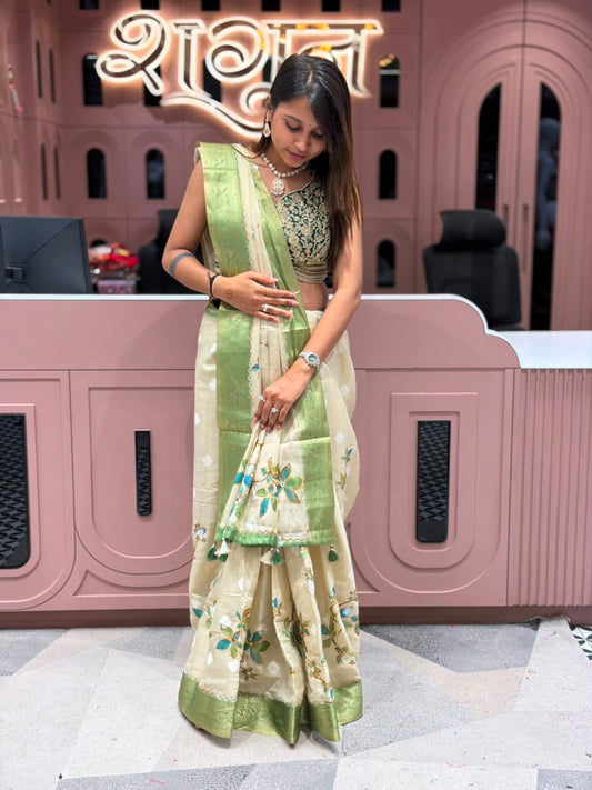 Product Title: Premium Hand-Painted Organza Silk Saree Collection | Exclusively by SHAGUN FASHION on zankhi.in