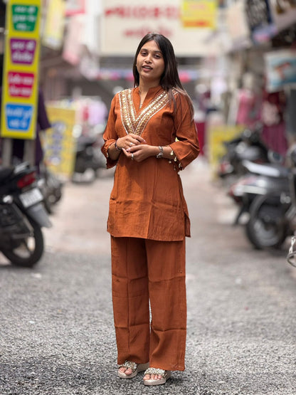 SHAGUN FASHION Rust Brown Embroidered Kurti & Co-Ord Pant Set – Exclusive on zankhi.in