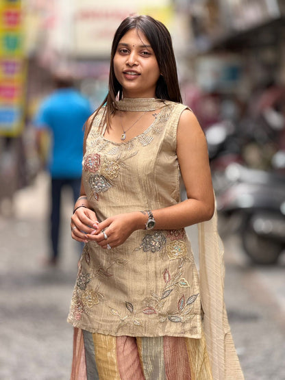 SHAGUN FASHION Premium Beige & Gold Hand Embroidery Sleeveless Kurti with Multi-Color Sharara & Dupatta Set