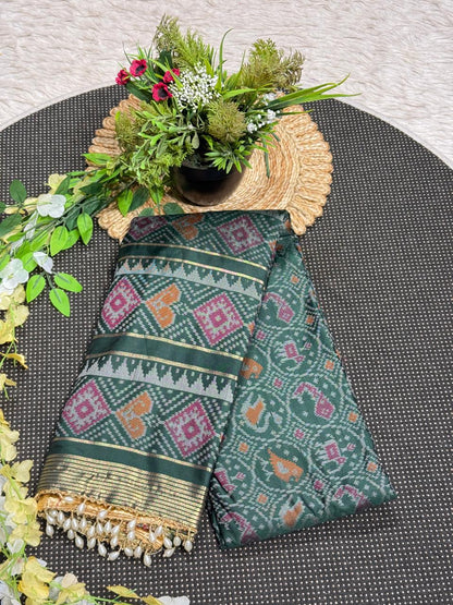 SHAGUN FASHION Exclusive Banglori Soft Silk Ikat Patola Saree with Rich Zari Weaving Pallu & Pearl Tassel Finish