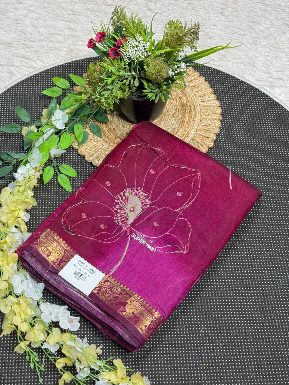 SHAGUN FASHION Premium Lotus Floral Aari Handwork Soft Linen Silk Saree with Rich Golden Zari Border — Exclusive on zankhi.in