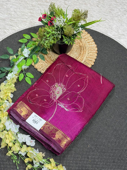 SHAGUN FASHION Premium Lotus Floral Aari Handwork Soft Linen Silk Saree with Rich Golden Zari Border — Exclusive on zankhi.in