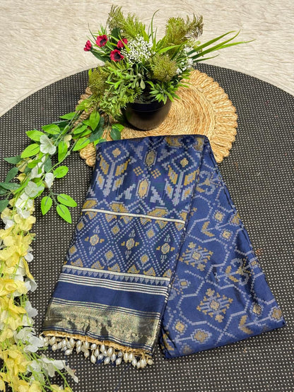 SHAGUN FASHION Premium Patola Weave Silk Saree with Rich Zari Border & Pearl Latkan