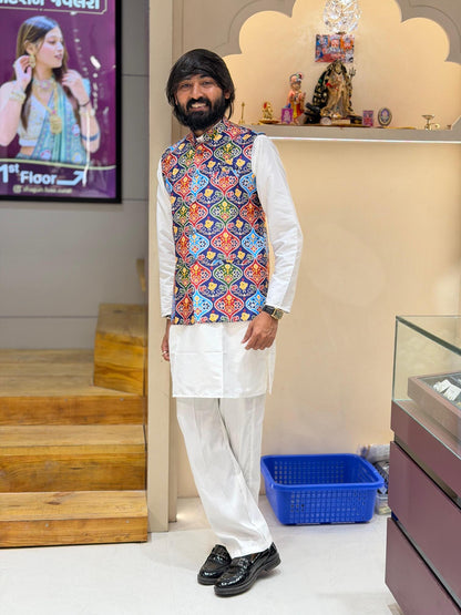 SHAGUN FASHION Premium Men's Traditional Patola Print Nehru Jacket & Kurta Pyjama Set