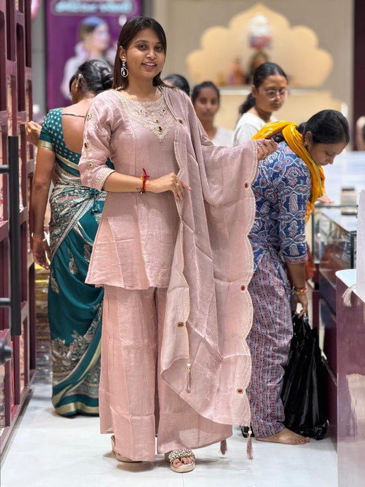 SHAGUN FASHION Premium Designer Hand-Embroidered Tissue Silk Kurti, Palazzo & Dupatta 3-Piece Set