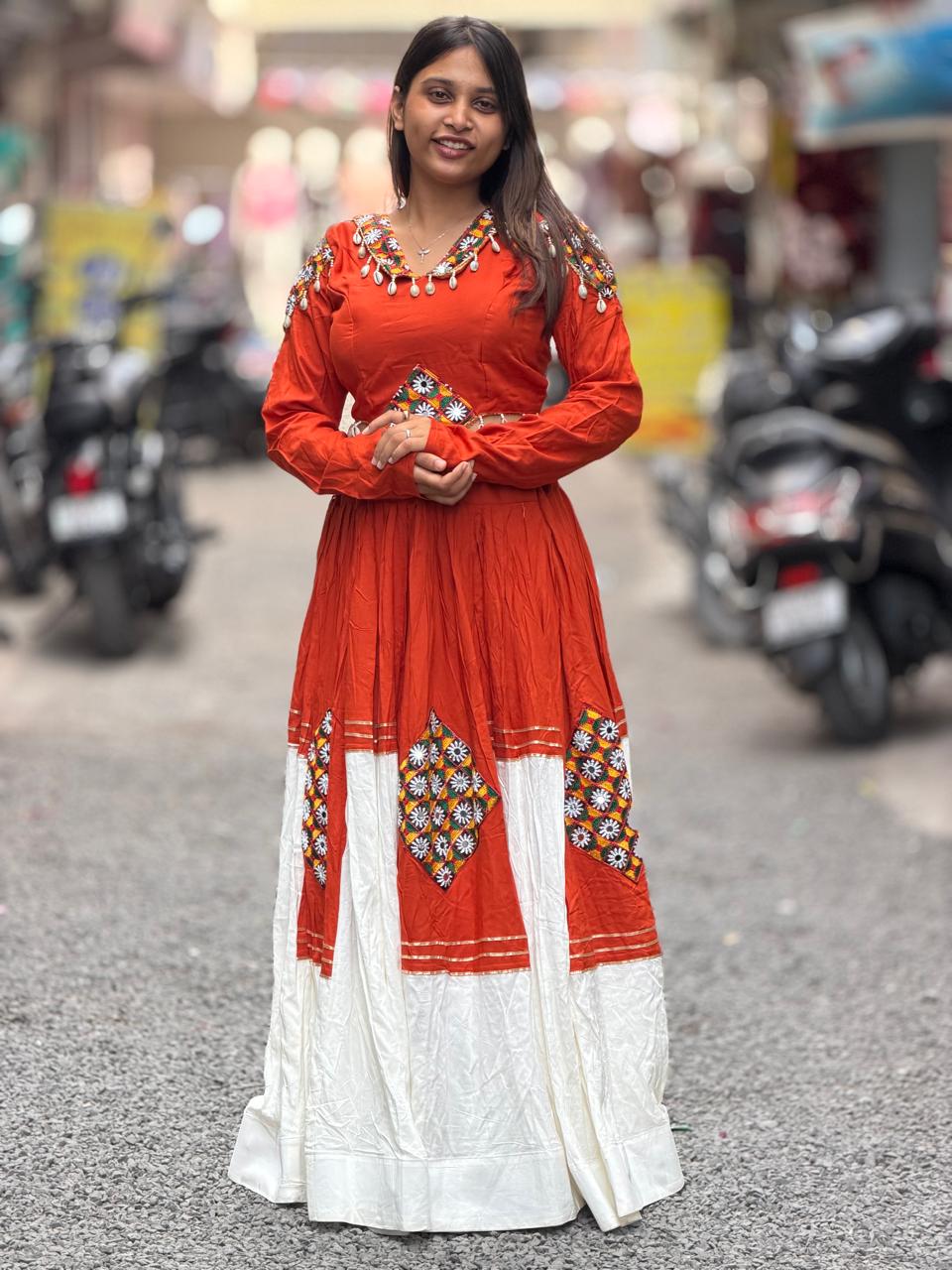 SHAGUN FASHION Rust Red Ethnic Indo-Western Anarkali Gown with Traditional Patchwork & Shell Detailing
