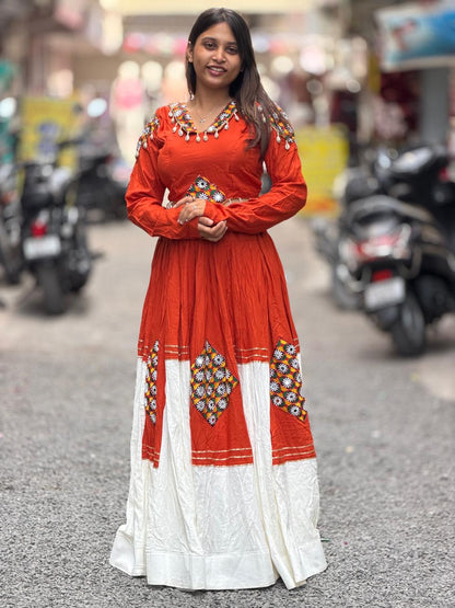 SHAGUN FASHION Rust Red Ethnic Indo-Western Anarkali Gown with Traditional Patchwork & Shell Detailing