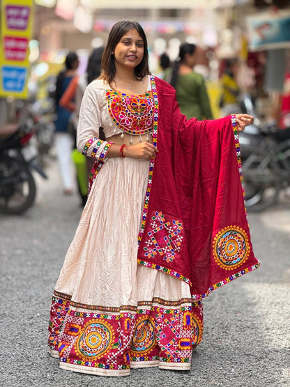 SHAGUN FASHION Traditional Off-White & Maroon Navratri Chaniya Choli Set with Mirror & Patchwork Details | Available on zankhi.in